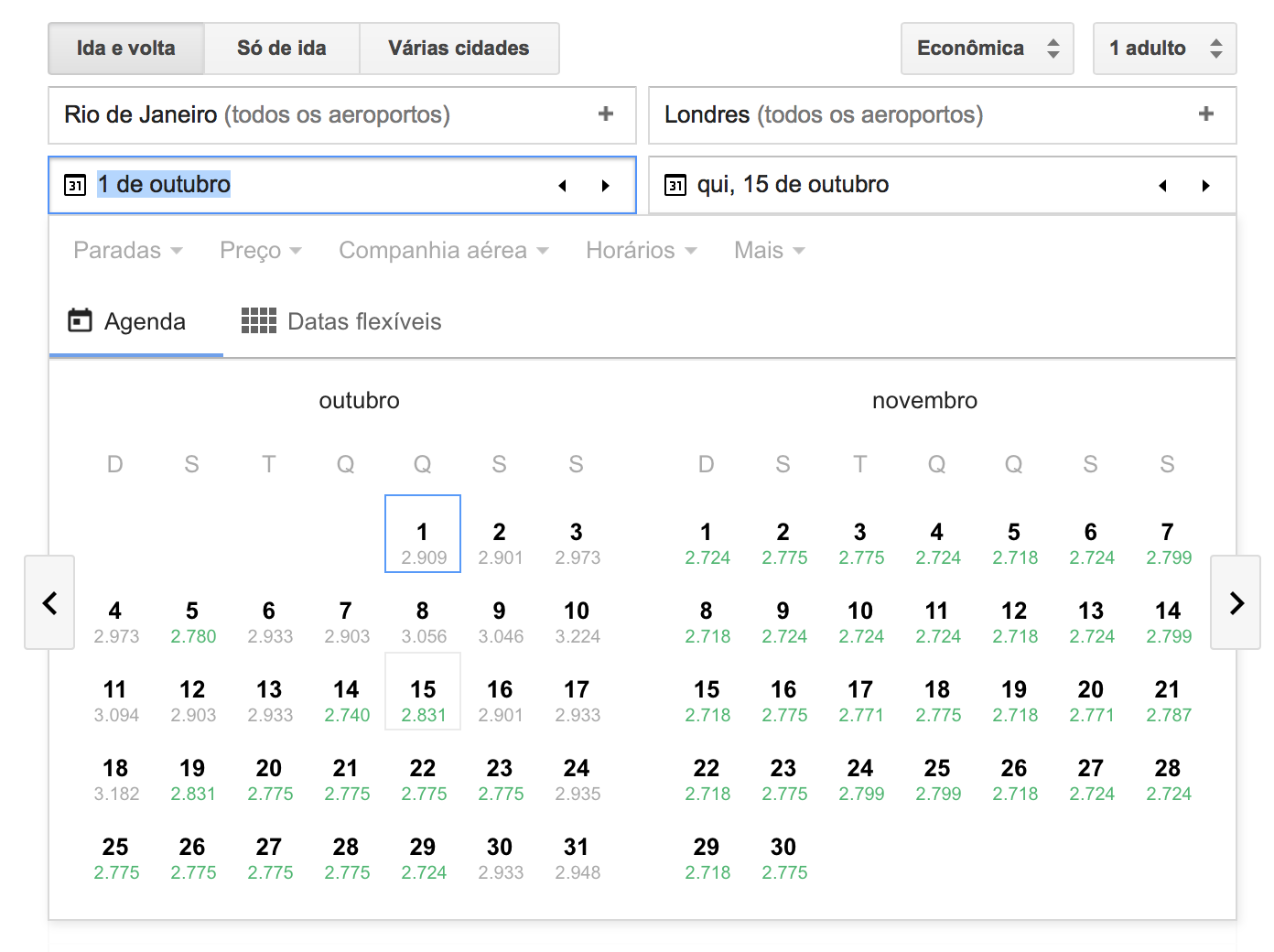 Google Flights preços