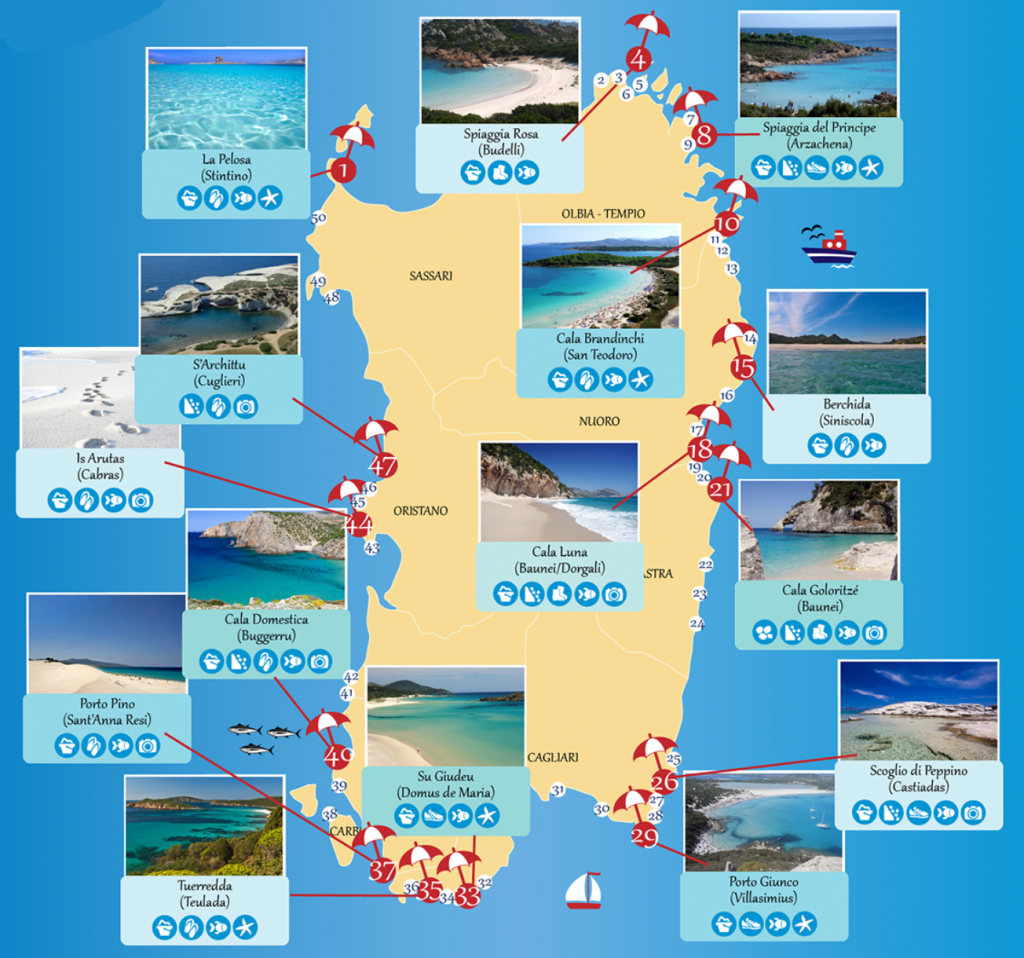 Mapa da sardenha com praias em destaque