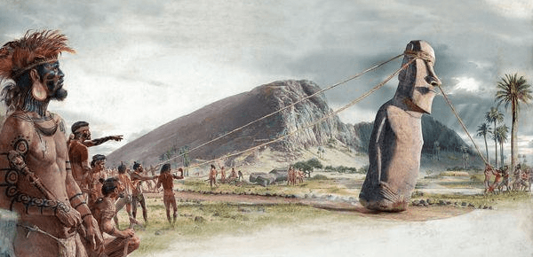 Suposição de como eram levados os Moai aos Ahu pelos Rapa Nui