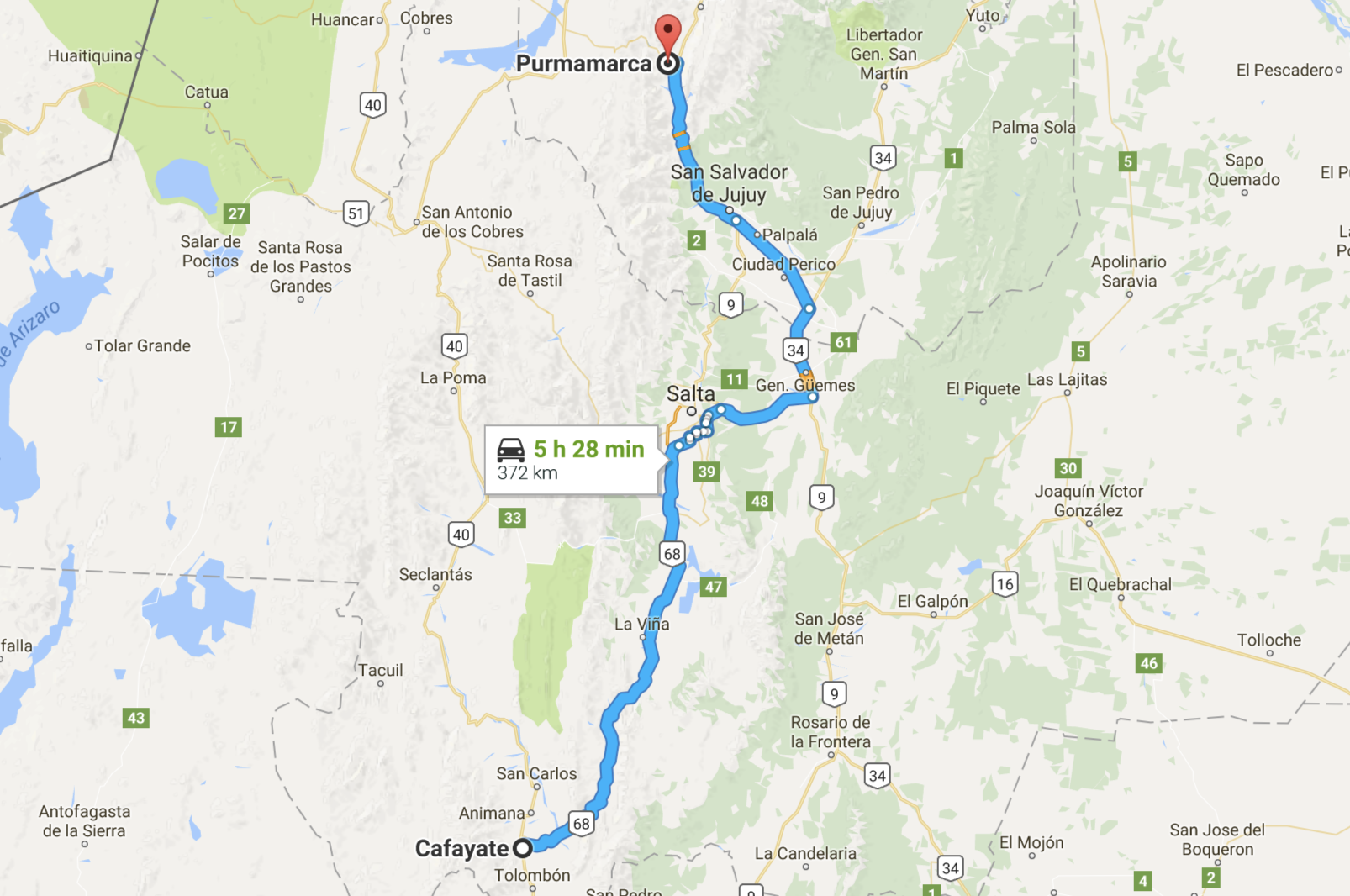 caminho no mapa: de Cafayate para Pumamarca, no norte da argentina