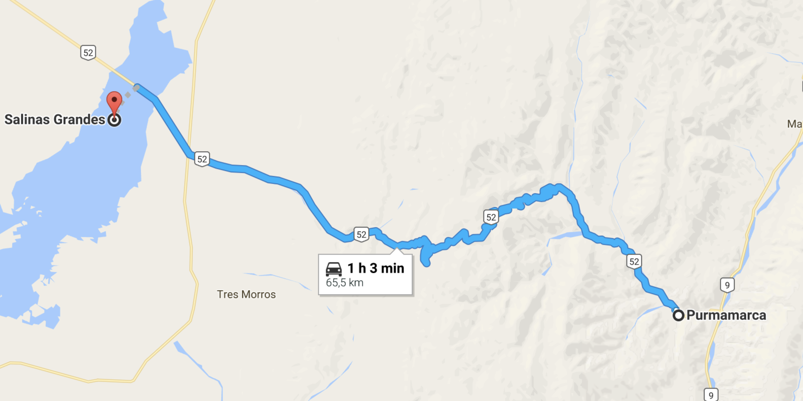 caminho no mapa: de Pumamarca para Salinas, no norte da argentina