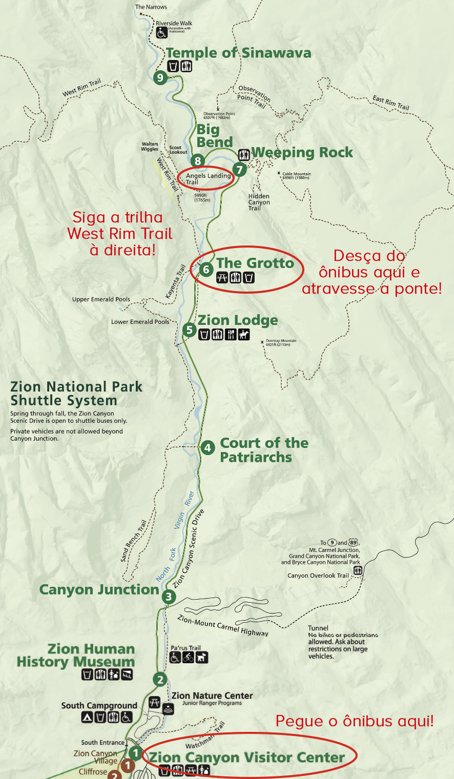 Mapa indicando as paradas de ônibus e o inicio da trilha Angles Landing