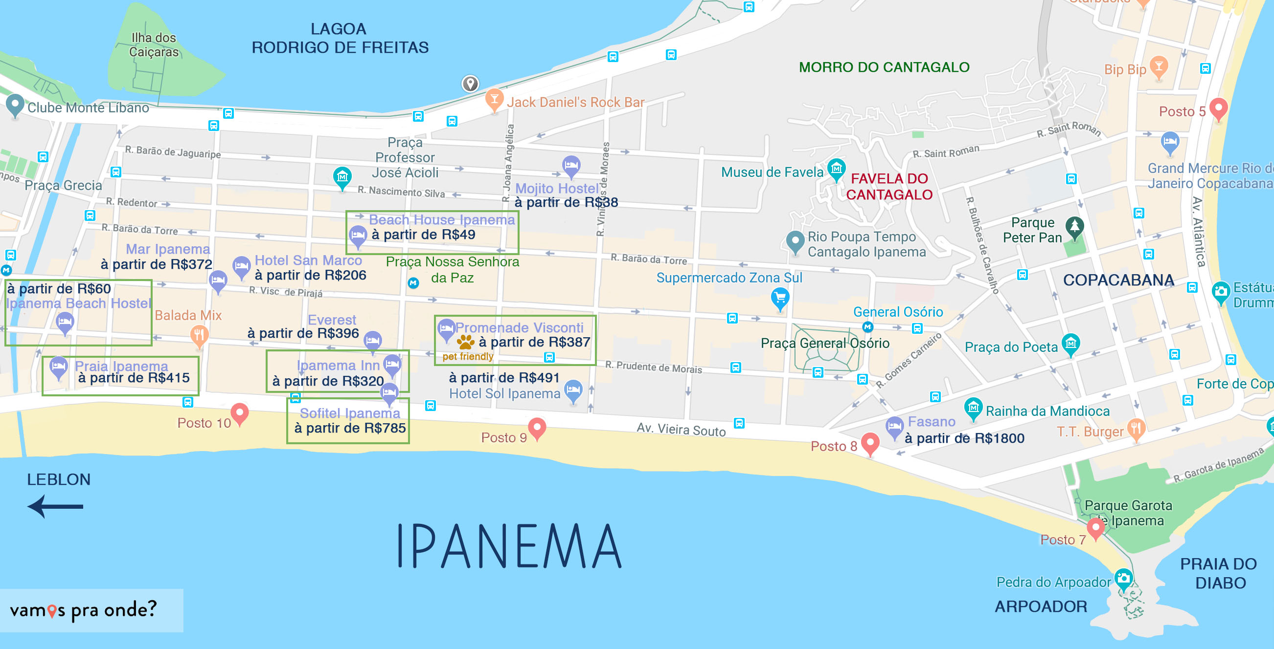 mapa onde se hospedar no rio de janeiro ipanema
