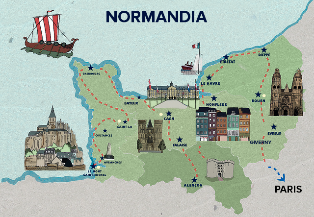 mapa de rotas na Normandia