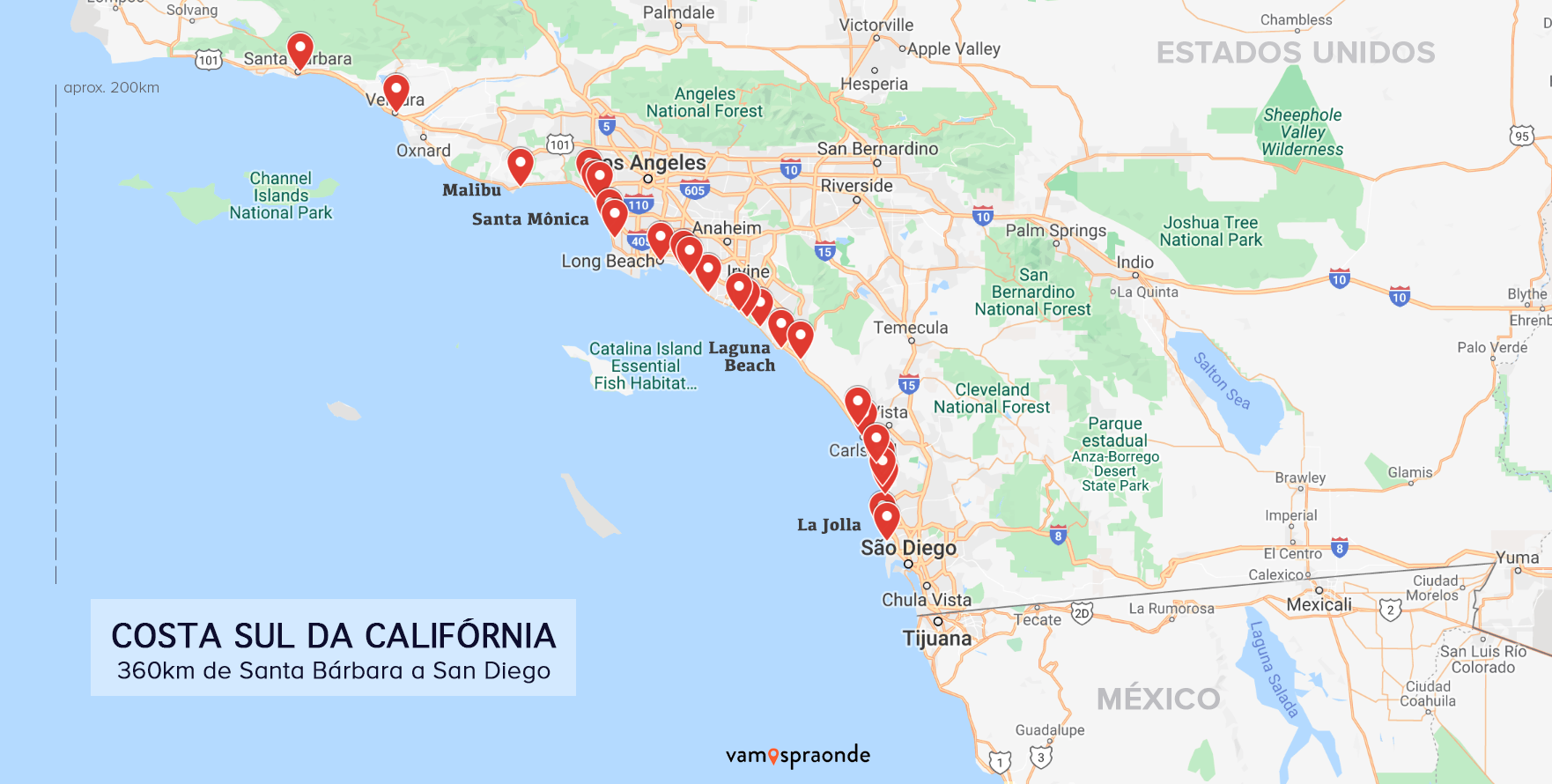 mapa detalhado da costa sul da Califórnia