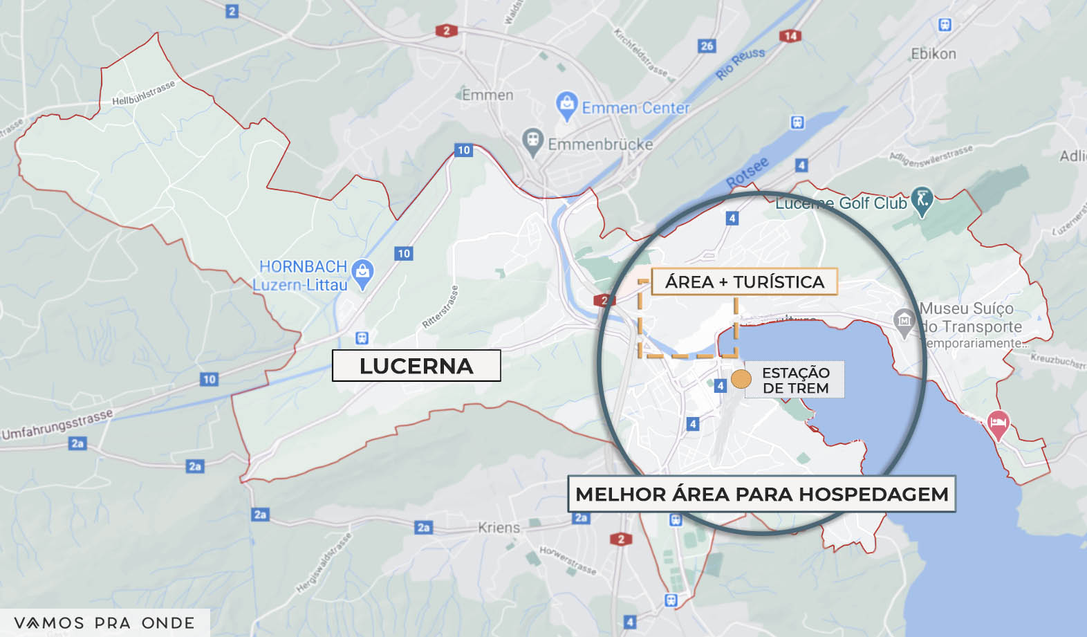 mapa indicando a melhor região para se hospedar em Lucerna
