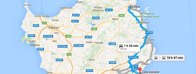 1 hora e 25 minutos de carro de Olbia à Cala Gonone