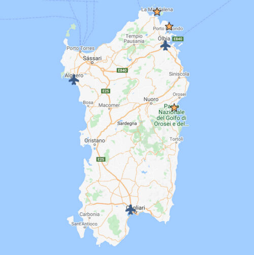aeroportos da sardenha indicados no mapa