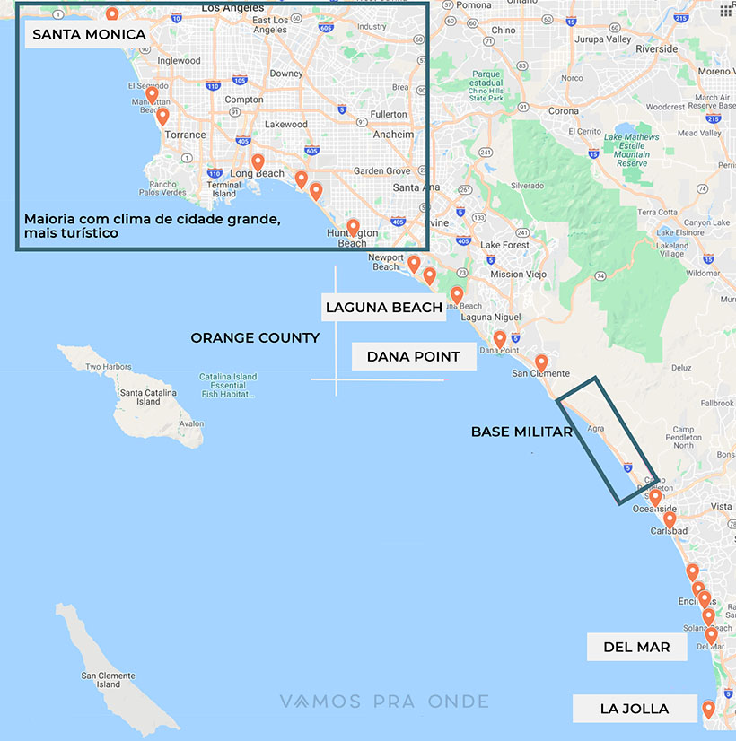 mapa indicando o sul da califórnia e pontos de interesse como Santa Monica, Laguna Beach, Dana Point e Del Mar